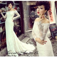 Отзыв на  Свадебное платье Aliexpress Free Shipping 2014 long-sleeve fashion vintage style slit neckline lace fish tail bottom type star long trailing wedding dress