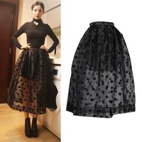 Отзыв на Юбка AliExpress Free Shipping 2014 Fashion Hight Waist Sheer Organza Black Polka Dots Ball Gown Midi Skirt Women's Mid-